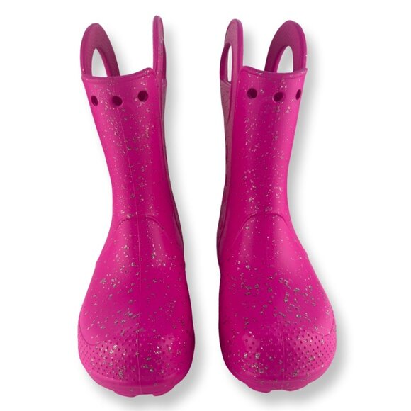Crocs NEW Handle It Glitter Rain Boots in Hot Pink Girls Kids Size J2 - Picture 2 of 8